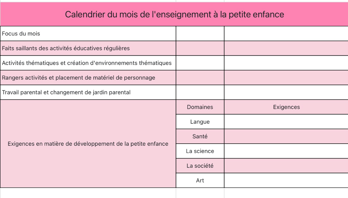Calendrier du mois de l'enseignement à la petite enfance